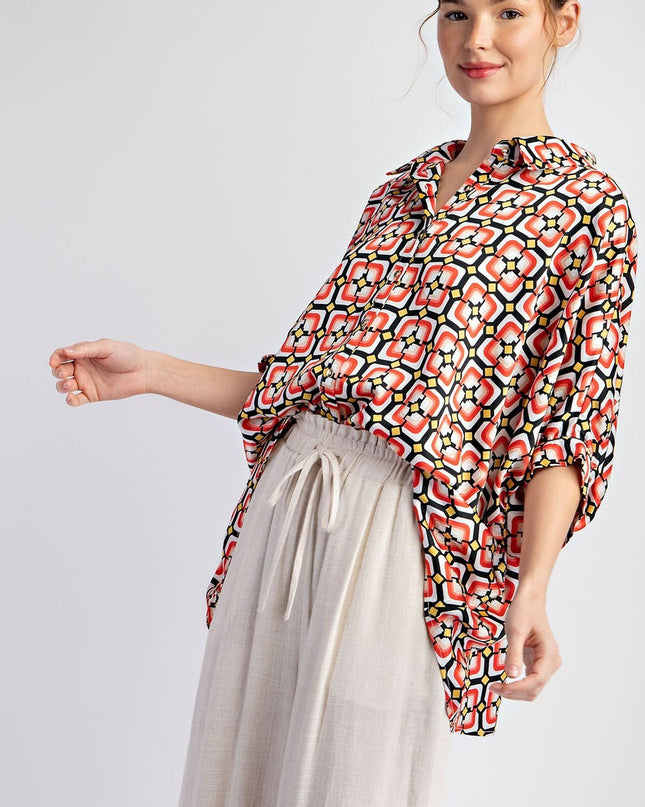 LOOSE FIT PRINTED BUTTON DOWN TOP