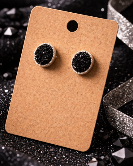 Black Druzy Stud Earrings – Silver Trim