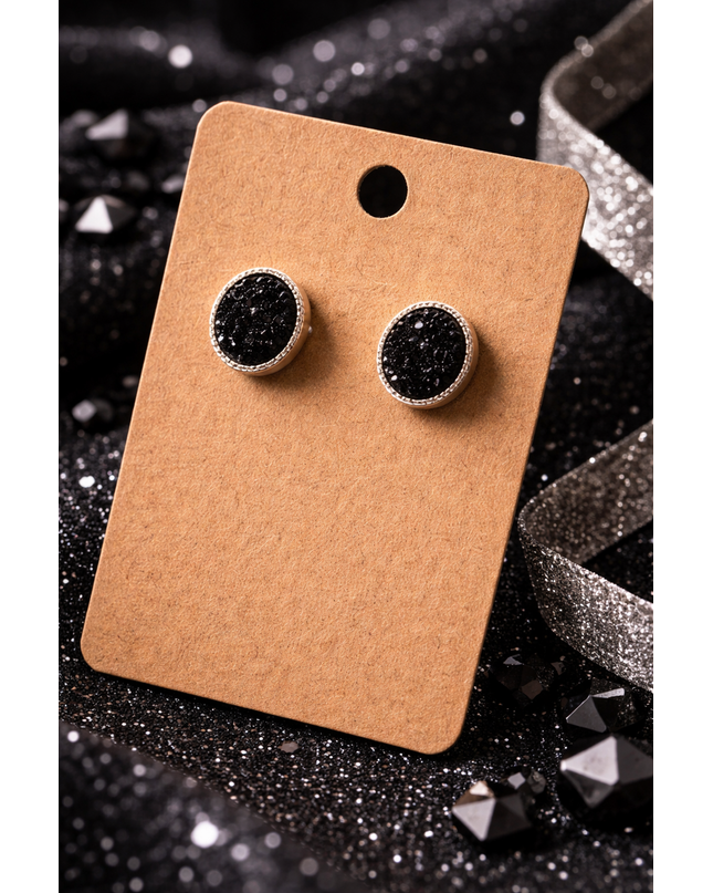 Black Druzy Stud Earrings – Silver Trim